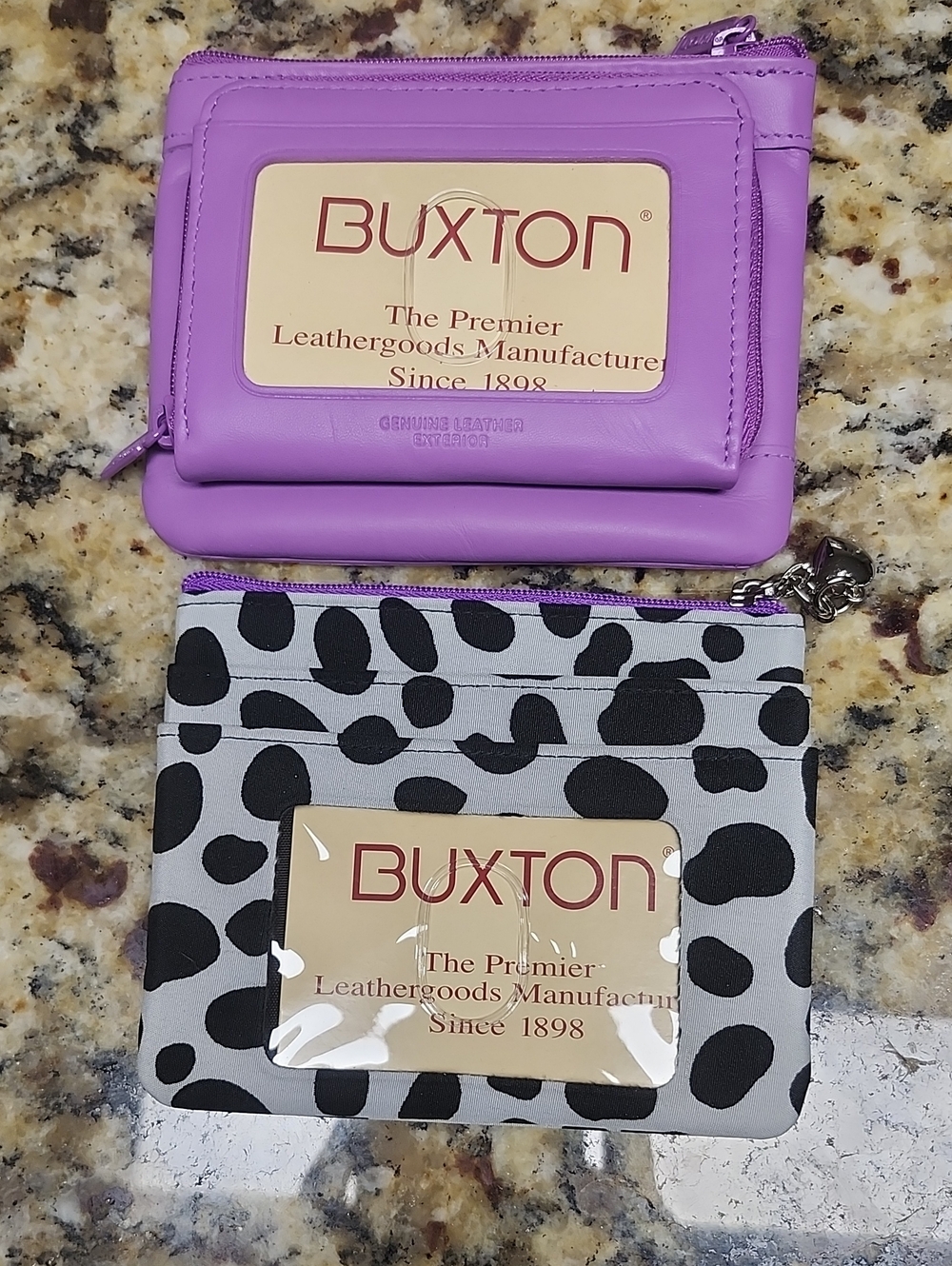 Buxton Purple Leather Wallet with Black & White Spot Zip Pouch